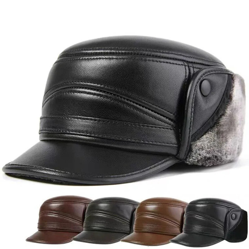 Winter Mens Leather Hat Thicken Sheepskin Baseball Caps With Ears Warm Dads Hats Sombrero De Cuero Del Hombre 240103