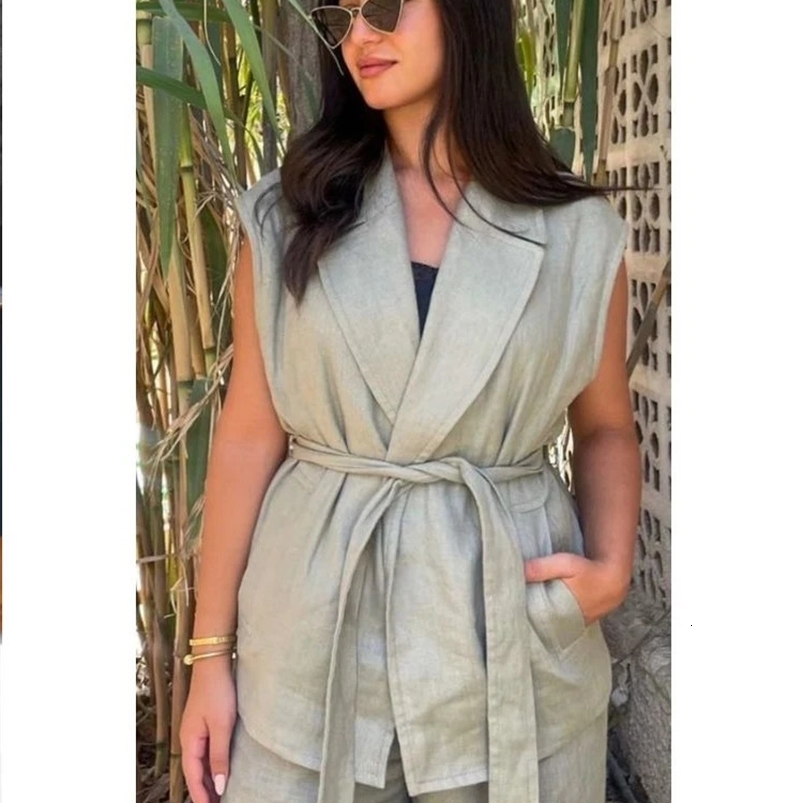 TRAF Female Fashion 2 Piece Suit Casual Set Elegant Belt Lapel Coats Woman Vintage Lace Up Drape Solid Color Wide Leg Pant 240826