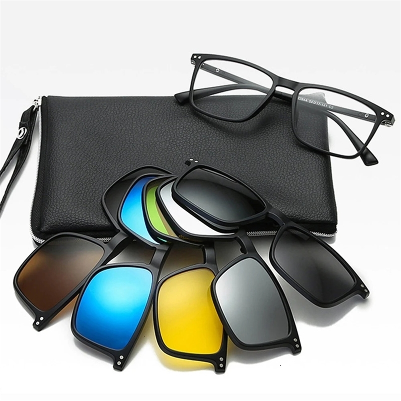 6 In 1 Spectacle Frame Men Women With 5 PCS Clip On Polarized Sunglasses Magnetic Glasses Male Computer Optical 240528