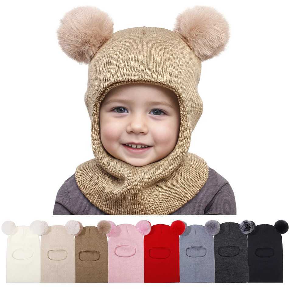 Childrens Double Ball Ear Protection Onepiece Hats Baby Yarn Knit Cap Balaclava Christmas Gift Kids Autumn Winter Pullover Hat Z2509221