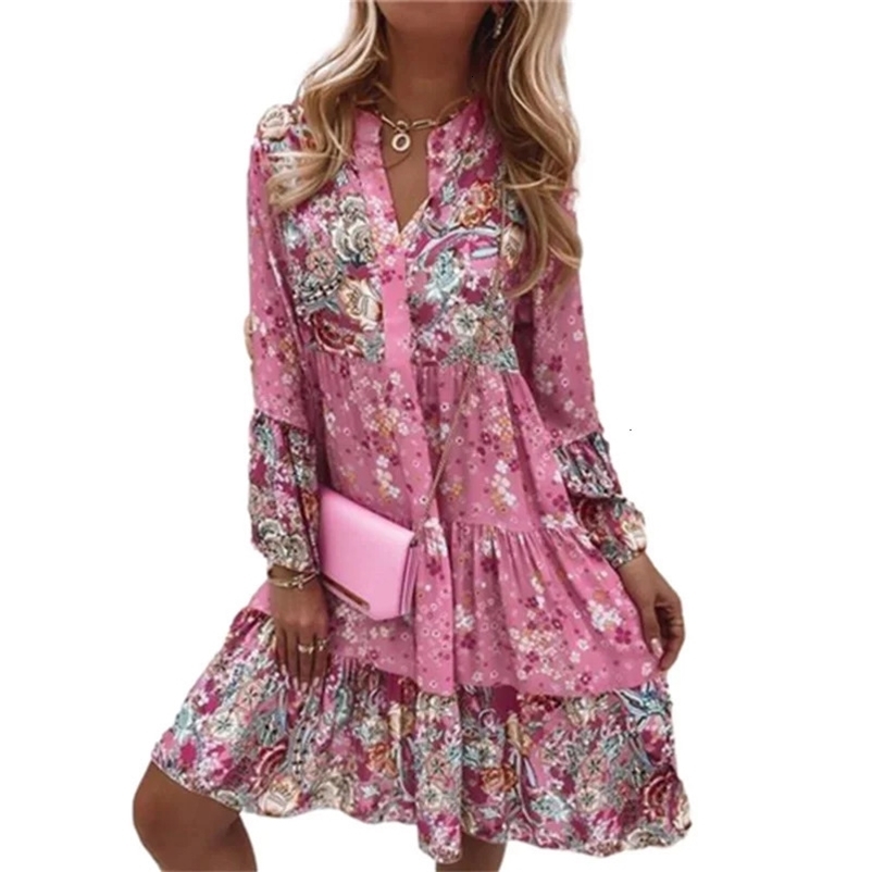 Sweet Style Multi-layer Patchwork Hem Dress Women V Neck Pullover Flared Sleeves Dresses Female Casual Bohemian Print Midi Gown 240529