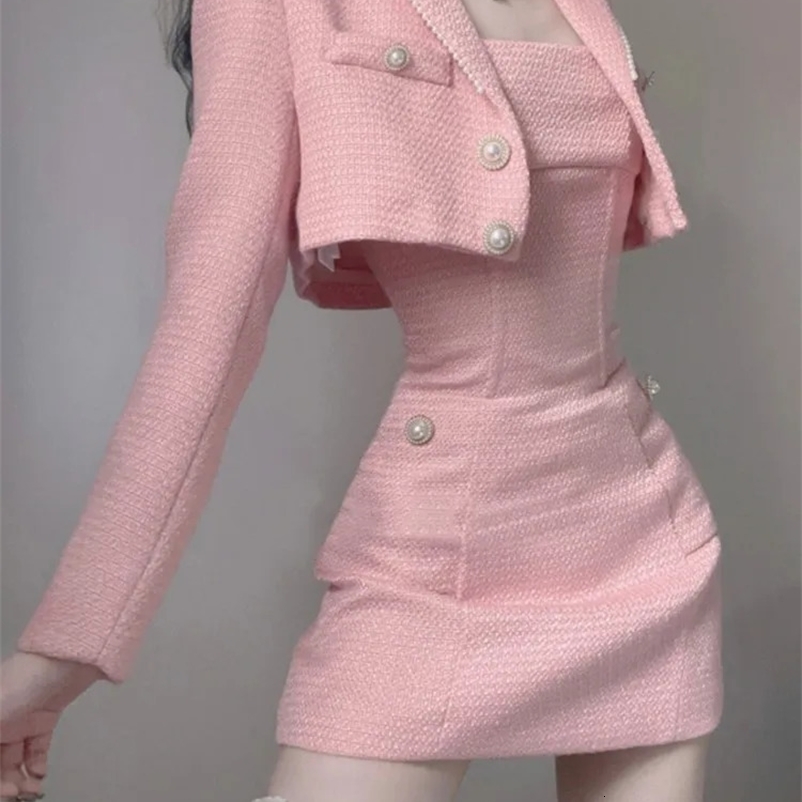 Pink Sweet Sleeveless DressCardigan Tweed 2piece Set Women Turn Down Collar Crop Jacket Korean Y2k Suit Elegant Clothing 240729