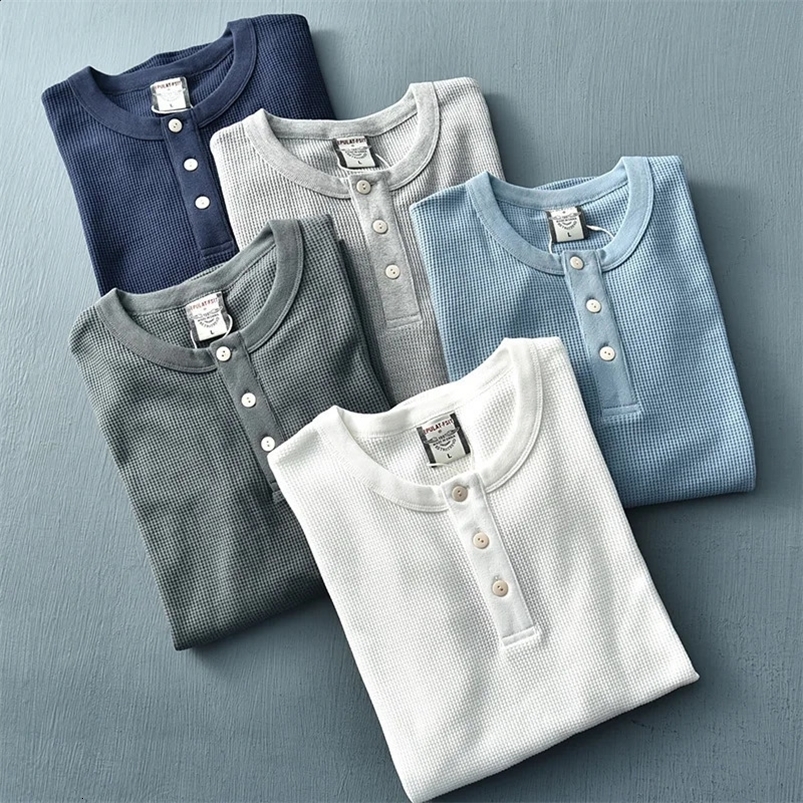 Autumn Long Sleeve Henry Collar Waffle Solid Color T-shirt Mens Fashion Simple 100% Cotton Washed Old Loose Casual Tops 240822