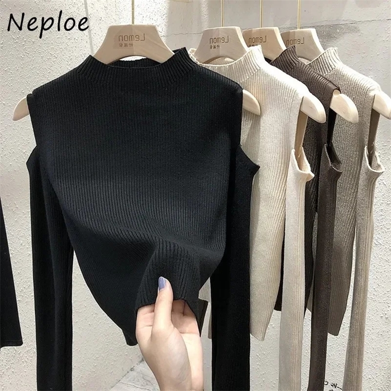 Fashion Off-the-shoulder Womens Pullover Tops Long-sleeve Autumn Bottoming Knitted Shirt Mock Neck Female Sweater 240824