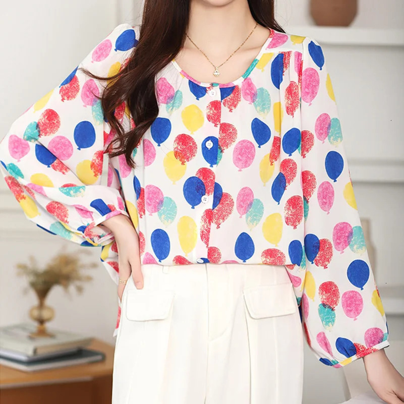 Colorful Polka Dot Print Sweet Chiffon O-Neck Lantern Sleeve Loose Womens Blouse Shirt Korean Fashion Female Clothing Tops 250417