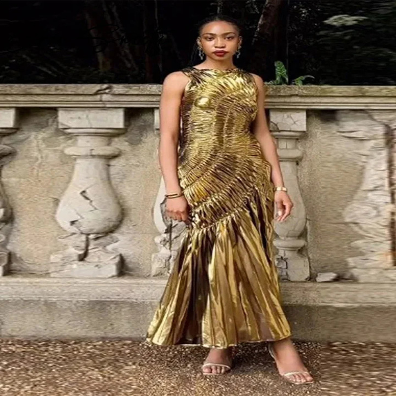 Sexy Gold Sequins Pleated Long Dess Women Party Round Neck Sleeveless Empire Female Dresses 2025 Elegant Evening Vestidos 250121