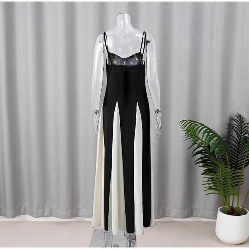 Elegant Black White Contrasting Women Sling Dress Fashion Backless Sleeveless High Waist Maxi Dresses Female Party A-line Robes 241228
