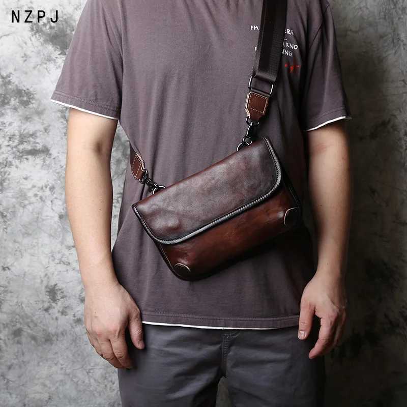 NZPJ Mens Shoulder Bag Genuine Leather Messenger Bag Top Layer Cowhide Casual Clutch Vegetable Tanned Leather Satchel Bag J251025