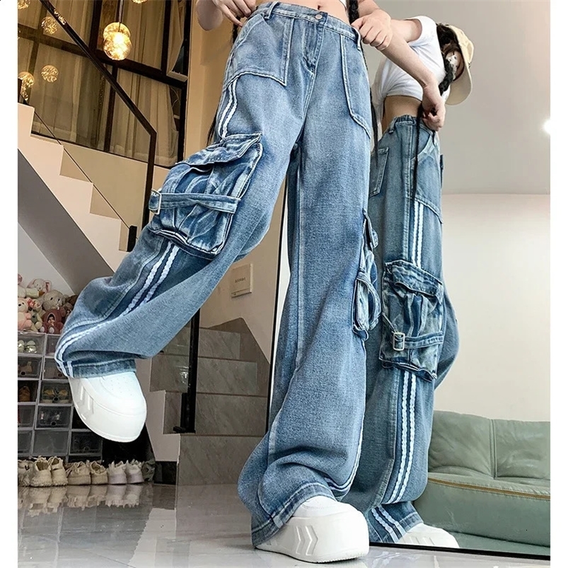 Women Vintage 90s Baggy High Waist Jeans Female Harajuku Denim Cargo Pants Lady Aesthetic Black Grey Blue Wide Leg Trousers 240822