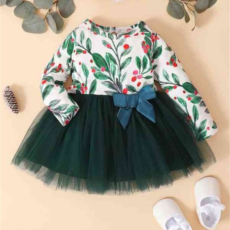 Baby Plants Print Contrast Mesh Bow Front Dress SHE