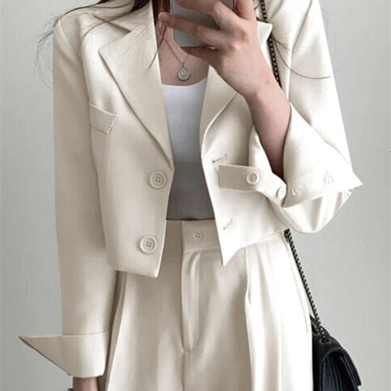 Korean OL Short Suits Sets Women Casual Loose Crop Blazers Jackets Conjunto High Waist Wide Leg Pants Ensemble Offcie Outfit 240826