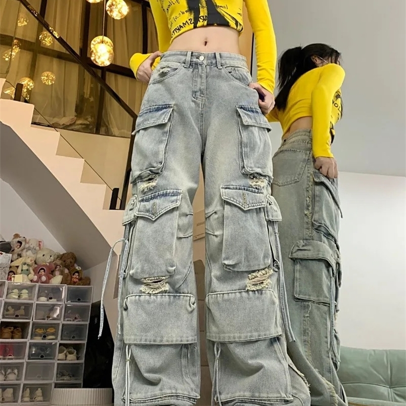 American Spice Girl Heavy Industry High Street Multi-Pocket Wide Leg Hip Hop Jeans Y2K High Waist Baggy Straight Pants 240822