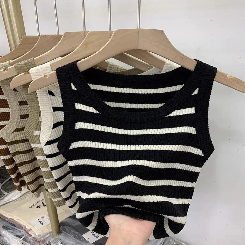 Summer Striped Tank Tops Women Sleeveless Knitted T-Shirts Crop Tops Female Elastic Slim Casual Vests Spring Pullover Camis 2025 250417