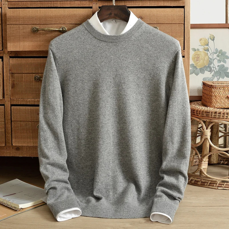 Winter mens round neck cashmere sweater 100% pure cashmere high-end knitted sweater pure color cashmere sweater mens fashionable top 241113