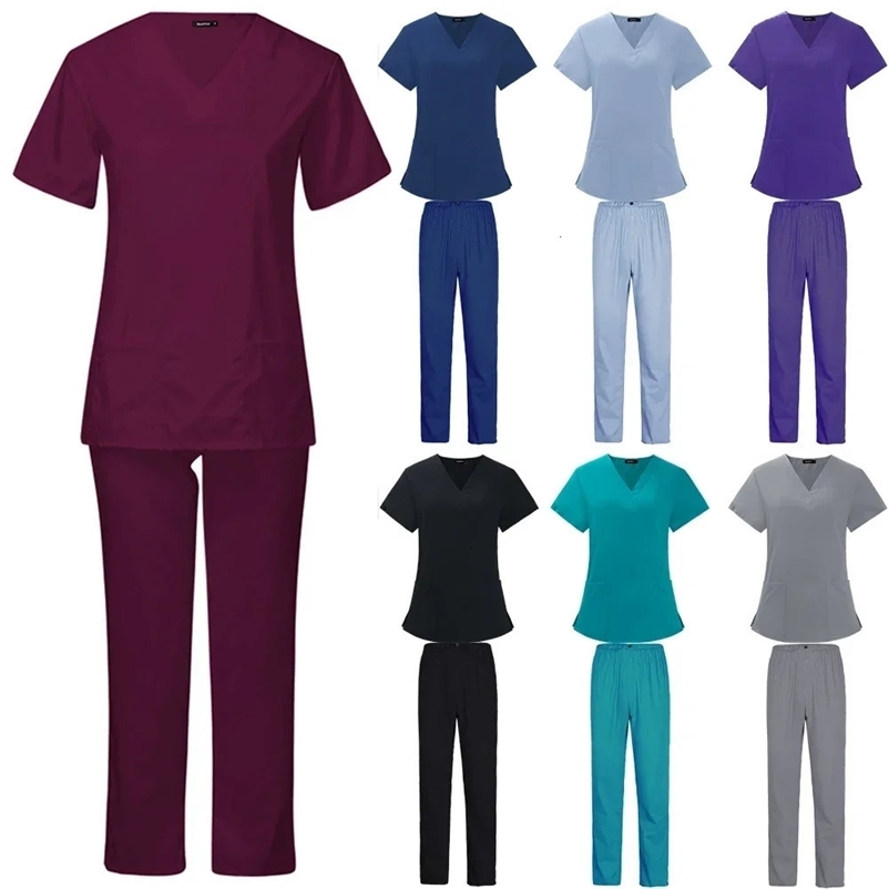 Summer Thin Unisex Scrubs Set for Man Women Beauty Salon Nurse Scrubs Suit Lab Spa Uniforms V-Neck Pet Grooming Work Wear 240715