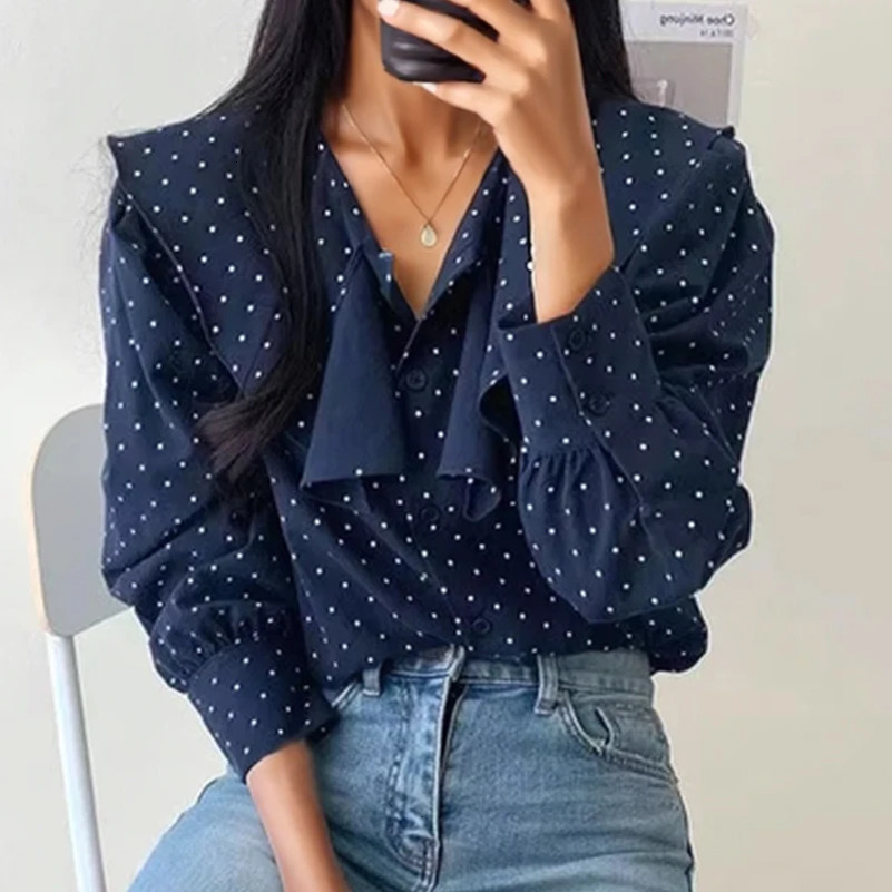 Elegant Polka Dot Women Blouse Spring Loose Long Sleeve Korean Irregular Peter Pan Collar Shirt Casual Ruffled Tops Blusas 250417