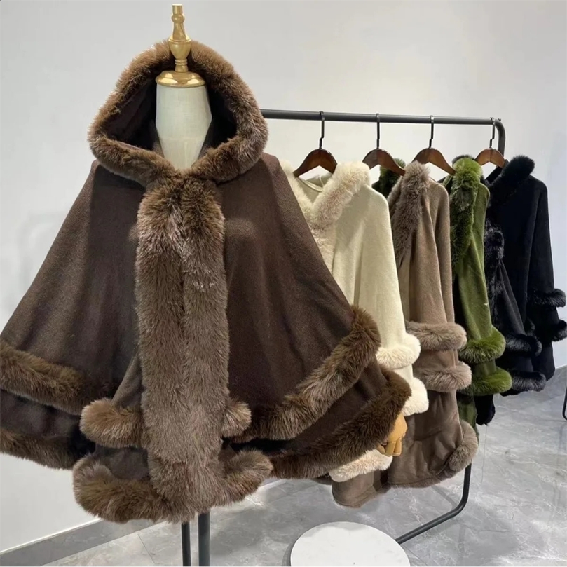 Two Circle Faux Rabbit Fur Outer Shawl Cloak Winter Warm Oversize Long Poncho Capes Women Wear Loose Overcoat With Hat 241105