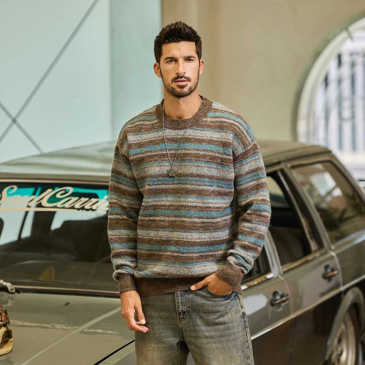 Autumn Winter Knitted Sweater Men Vintage Stripe Casual Loose Pullover Christmas Sweater Man Strtwear Knitwear Jumpers Tops S251110