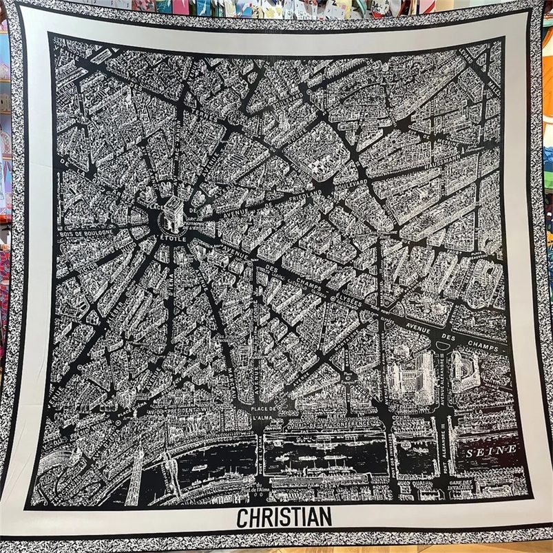 135CM Winter Thicken Silk Cashmere Scarf Women Hand Rolled Shawls Paris City Print Square Scarves Wraps Bandana Big Hijab Female 240712