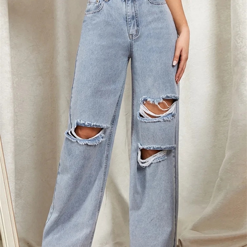 DenimColab Hole Washed Wide Leg Women Loose Boyfriend 100 Cotton Mom Jeans Casual Trousers Denim Pants Z260313