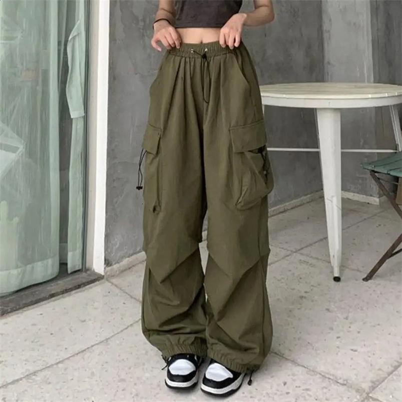 Cargo Pants Hip Hop Baggy Solid Color Multi Pockets Elastic Waist Match Top Loose Breathable Lady Trousers Women Clothes 2 Z260314