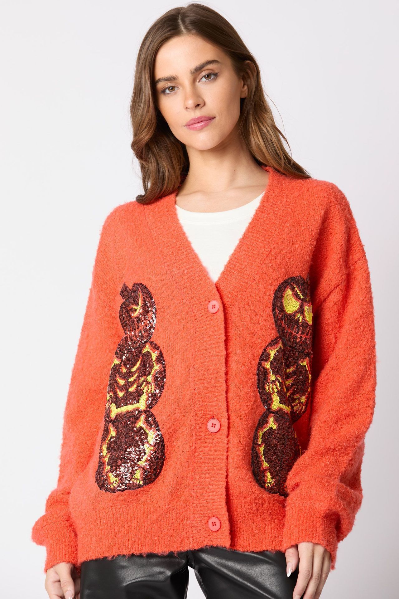 Autumn Winter New Womens Halloween Pumpkin Demon Sequin Sweater Casual Knitted Cardigan 250103