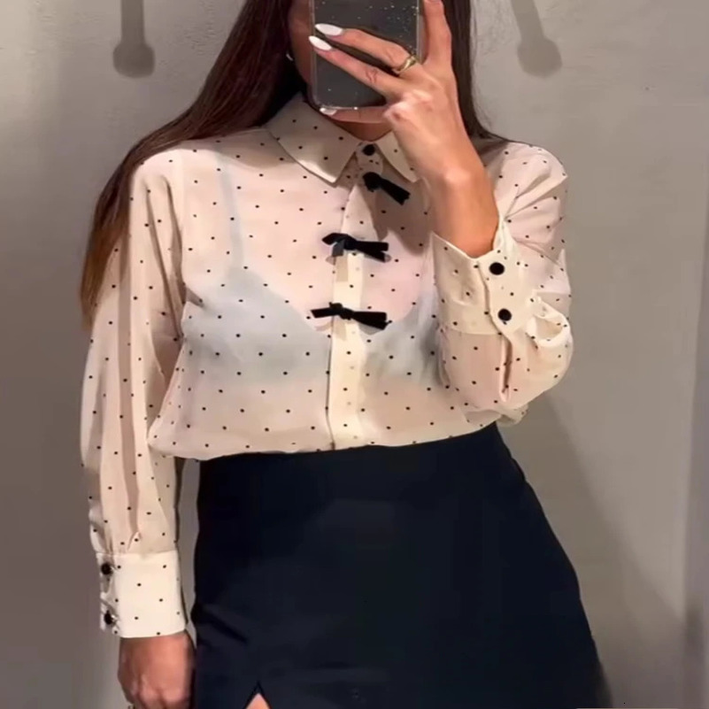ZBZA Womens Bow Tie Polka Dot Blouse Loose Lapel Long Sleeves Hidden Button Straight Casual Shirt Spring Summer Chic Blouse 250417