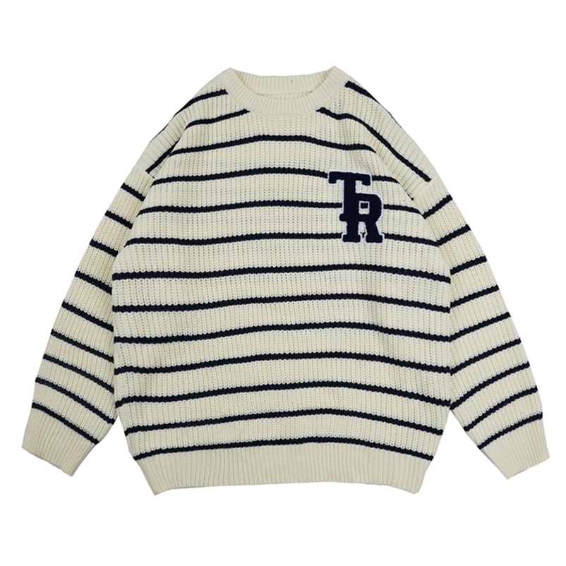 Letter Embroidery Striped Round Neck long-sleeved Sweater Men's Fall knit pullover Korean Casual Oversize Couple Sweaters 220819