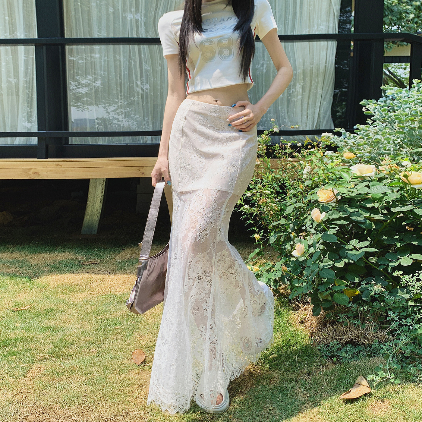 Aesthetic Clothes Lace Sheer A-Line Skirt Women High Street Y2k Vintage Floral See-Through Maxi Skirts Beach Vacation Cover-ups 250224