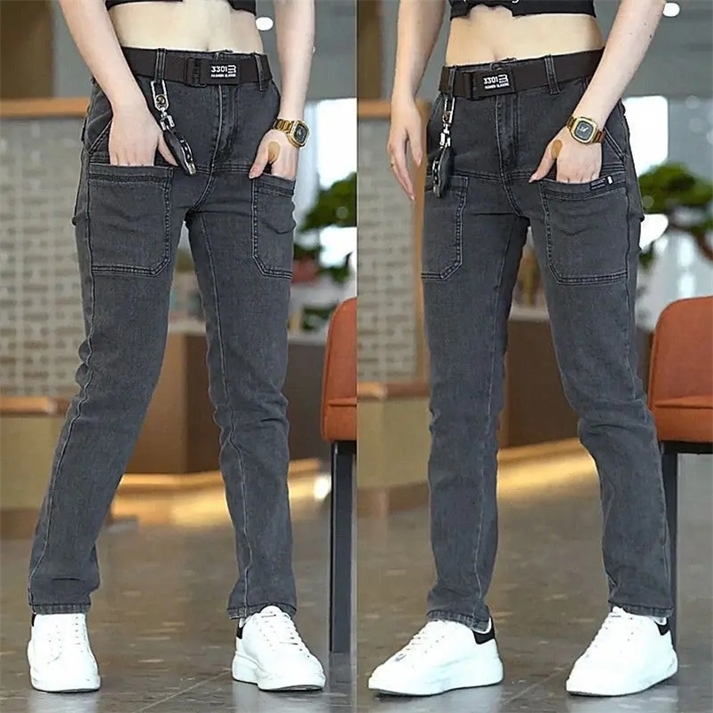 Korea Women Men Cargo Denim Pants Casual Blue Gray Y2K Strtwear Straight Jeans Male Trousers Womens Mens Clothing Z260313