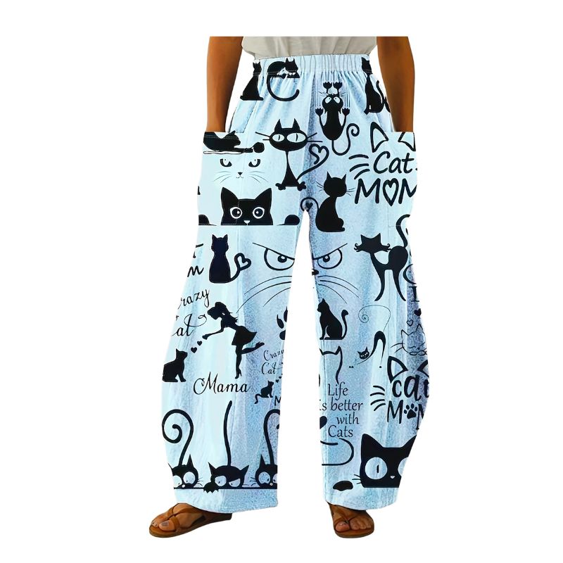 Women's Casual Cat Print Straight Leg Pants, Loose Trousers with Big Pockets for Autumn-CF40007