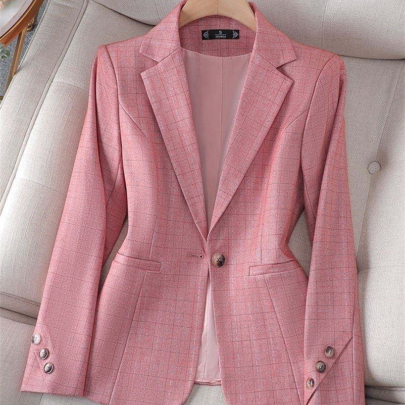 Women's Suits Blazers Arrival Pink Black Plaid Ladies Formal Blazer Women Female Long Sleeve Single Button Slim Business Work Wear Jacket Coat 23