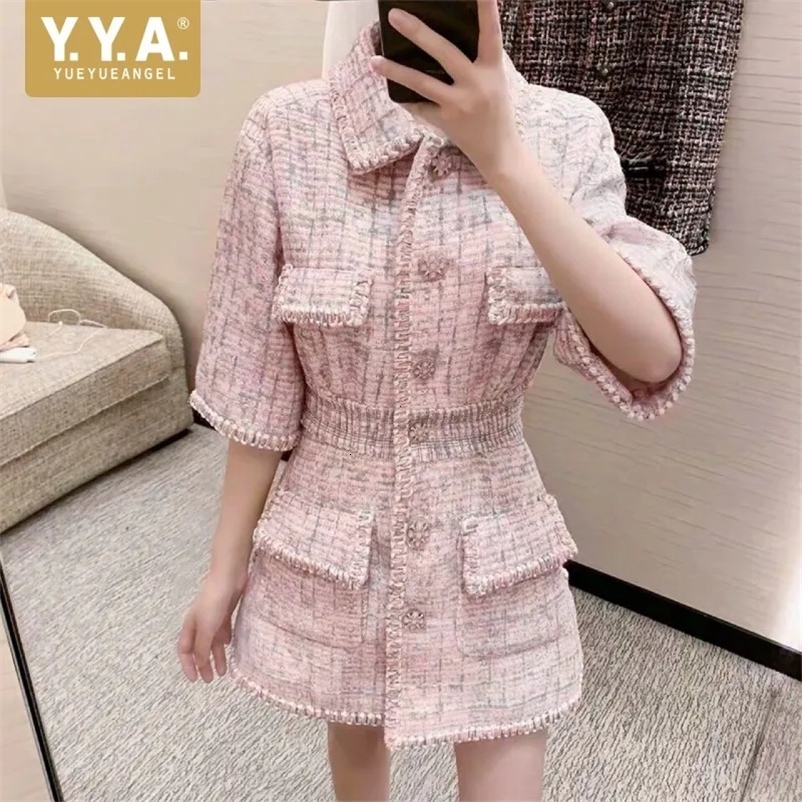 Autumn Women High Quality Tweed Short Dress Jacket Slim Waist Pocket Elegant Vintage Pink Single Breasted Dress Female S-L 240529