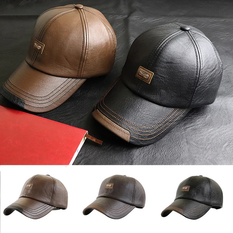 Autumn Winter Casual Baseball Cap Leather Plus Velvet Outdoor For Men Vintage Sports Fashion Solid Color Caps 240103