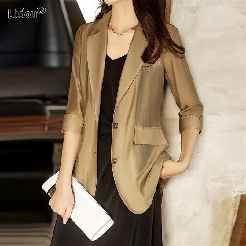 Thin Spring Summer Long Blazer Solid Temperament Formal Cardigan Button Pockets Simplicity Premium Womens Clothing Elegant 240826