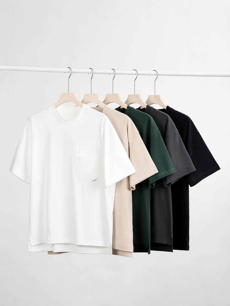 Spring-Summer Men's Street Tee - Pure Cotton Solid Color, Double Pocket Detail, Split Cuff Short Sleeve, New Arrival-58M