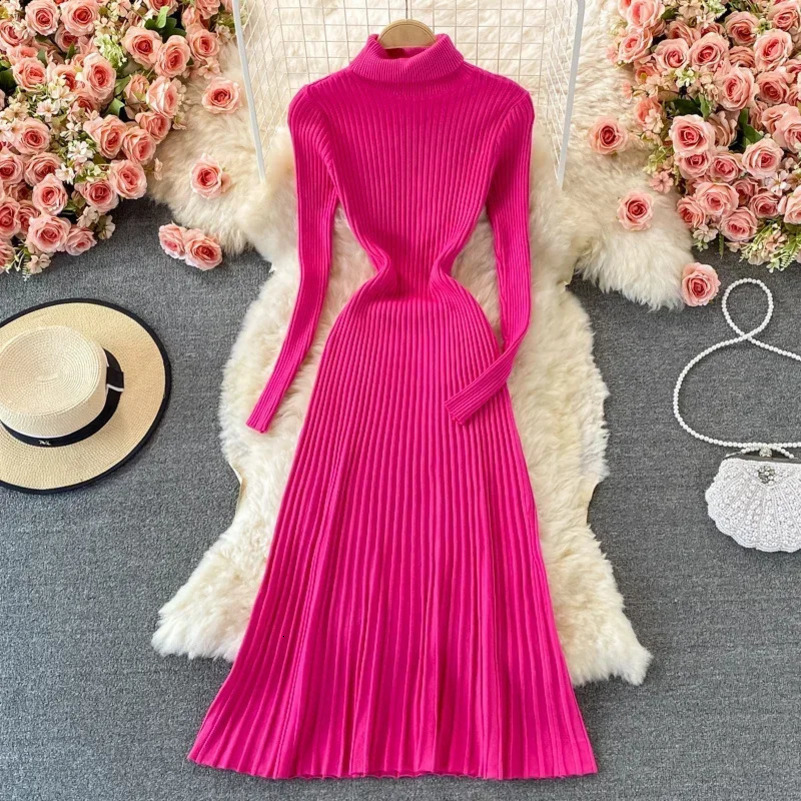 REALEFT Autumn Winter Turtleneck Womens Knitted Dresses Long Sleeve Solid Casual A-Line Pleated Dresses Female 250122