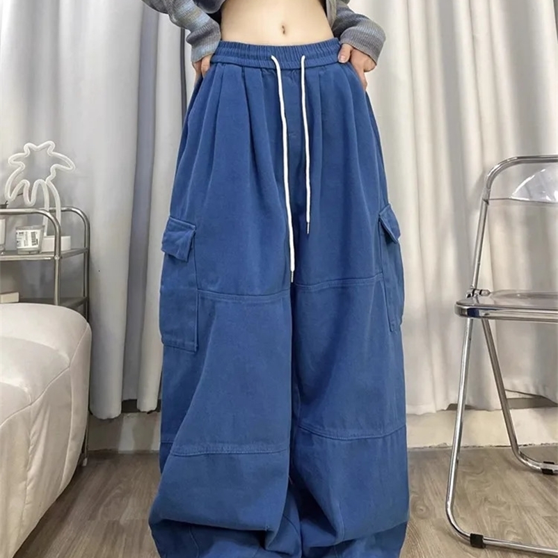 Korean Y2K Drawstring Casual Baggy Cargo Jeans Pants Women Clothing Straight Wide Leg Sweatpants Female Trousers Z260313