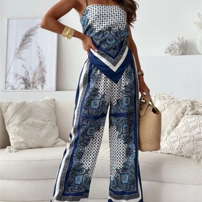 Pants Set Womens Vintage Sexy Backless Suit Fall Fashion Print Suspender Breast Wrapping Flower Two-piece Set Women Summer 240820