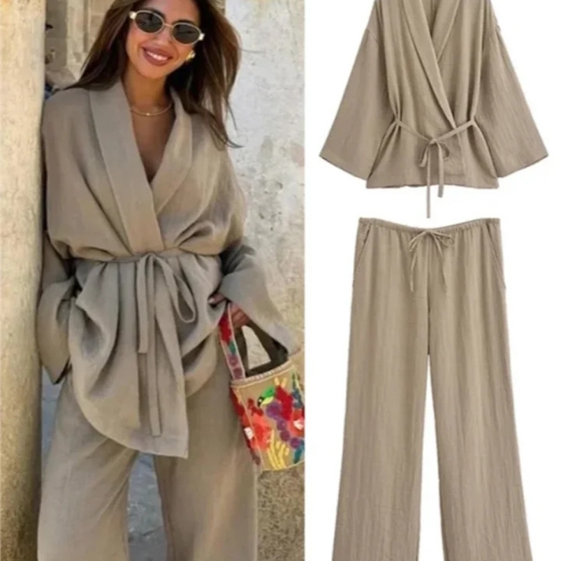 Casual Lace Up Shirt Pants Set Women Solid Lapel Long Sleeve Shirts Chic Female Suit Spring Loose Drawstring Wide Leg Sets 240826