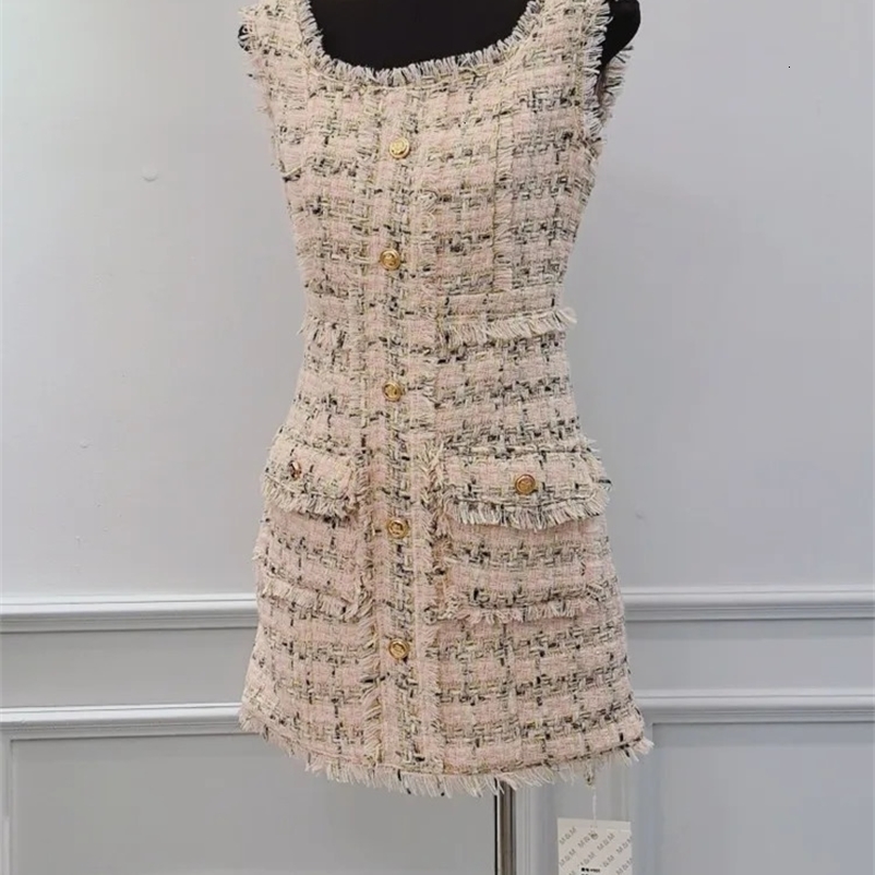 French Small Fragrance Sleeveless Dress Womens Summer Plaid Tassels Slim High-grade Skirt Chic O Neck Tweed Vest Dresses Female 240529