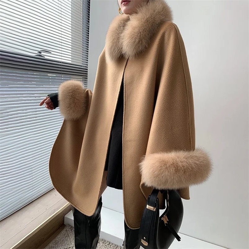 Arrivals Women Cape Fashion Cashmere Wool Poncho Lady Real Fox Fur Cloak Streetwear Shawls QN3670 240822