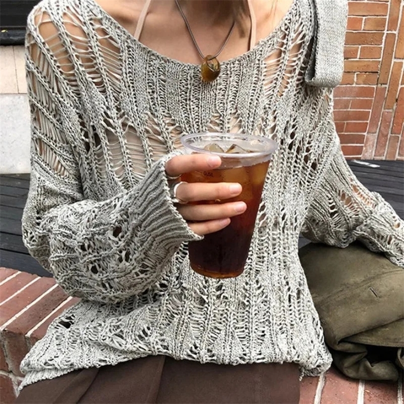 DeepTown Coquette Y2k Womens Sweater Hollow out Knitwear Spring Oversize Knit Off The Shoulder Pullovers Streetwear Vintage 240824