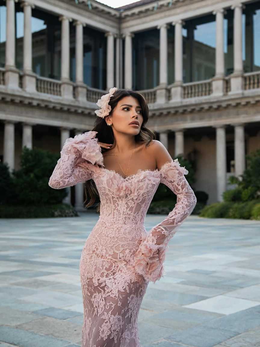 Elegant Lace Mermaid Evening Gown Fashion Off The Shoulder Full Sleeve Prom Dress Side Train Party Gown Customized