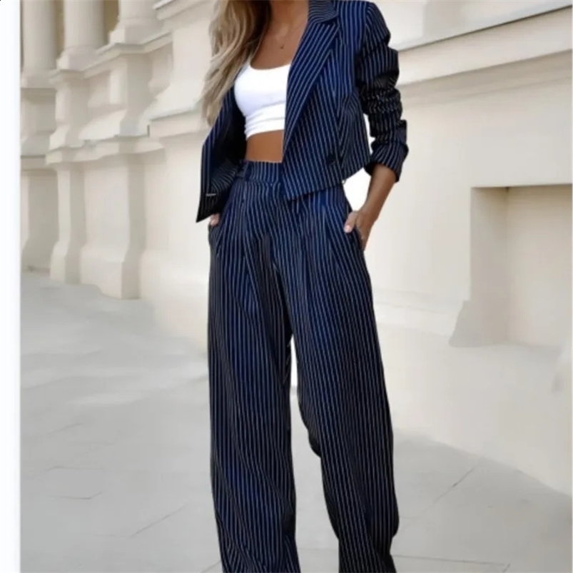 Womens Pant Suits Long Sleeve Striped Blazer Straight Leg Pants Suit Elegant Fashion Street Ladies Office Work Formal 240826