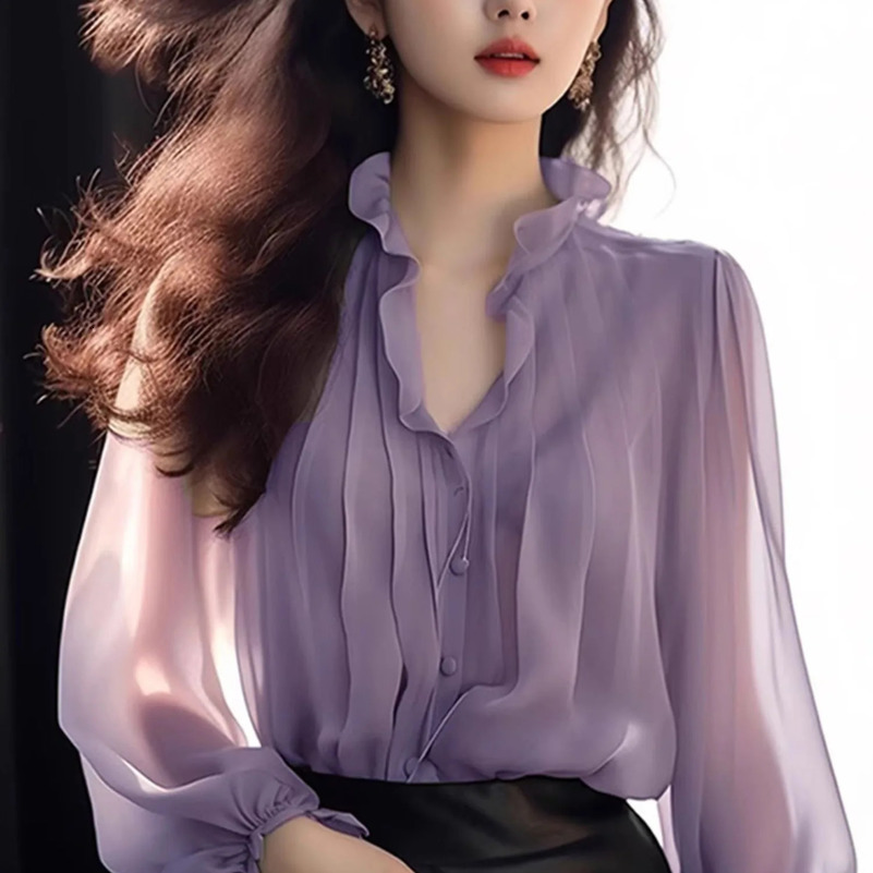 Ruffles Full Sleeves Oversize Chiffon Shirts Tops Fashion Womens Solid Color Elegant V-neck Spring Summer French n 250313