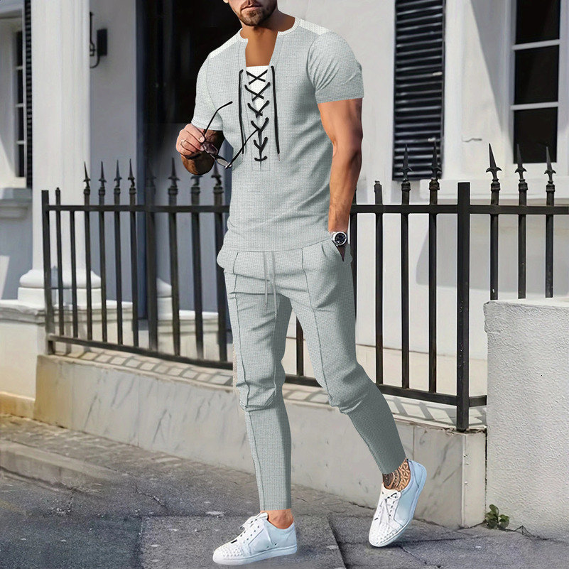 2025 Mens youth daily wear leisure vacation fashion comfortable wear rope short-sleeved T-shirt tracksuit pants two-piece 250411