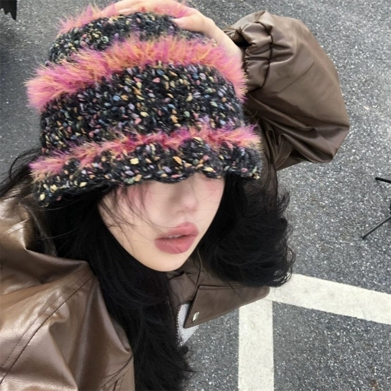 Wide Brim Hats Bucket Hats Korean Version Ins Plush Color Matching Fisherman Hat Women Autumn and Winter Warm Versatile Ear Protection Knitted Bucket 