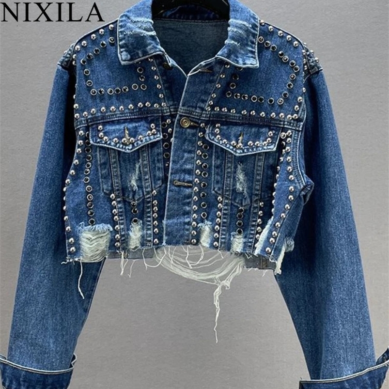 in Spring Summer Womens Denim Jacket Heavy Industry Rivet Studded Jean Coats Women Worn Nail Bead Jean Long Sleeved Top 240824