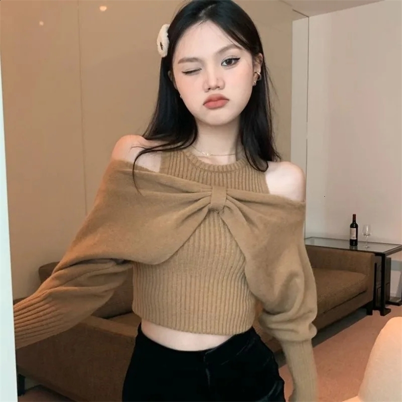 Round Neck Off Shoulder Sweater Women Bow Solid Color Knitted Bat Long Sleeve Short Slim 240824